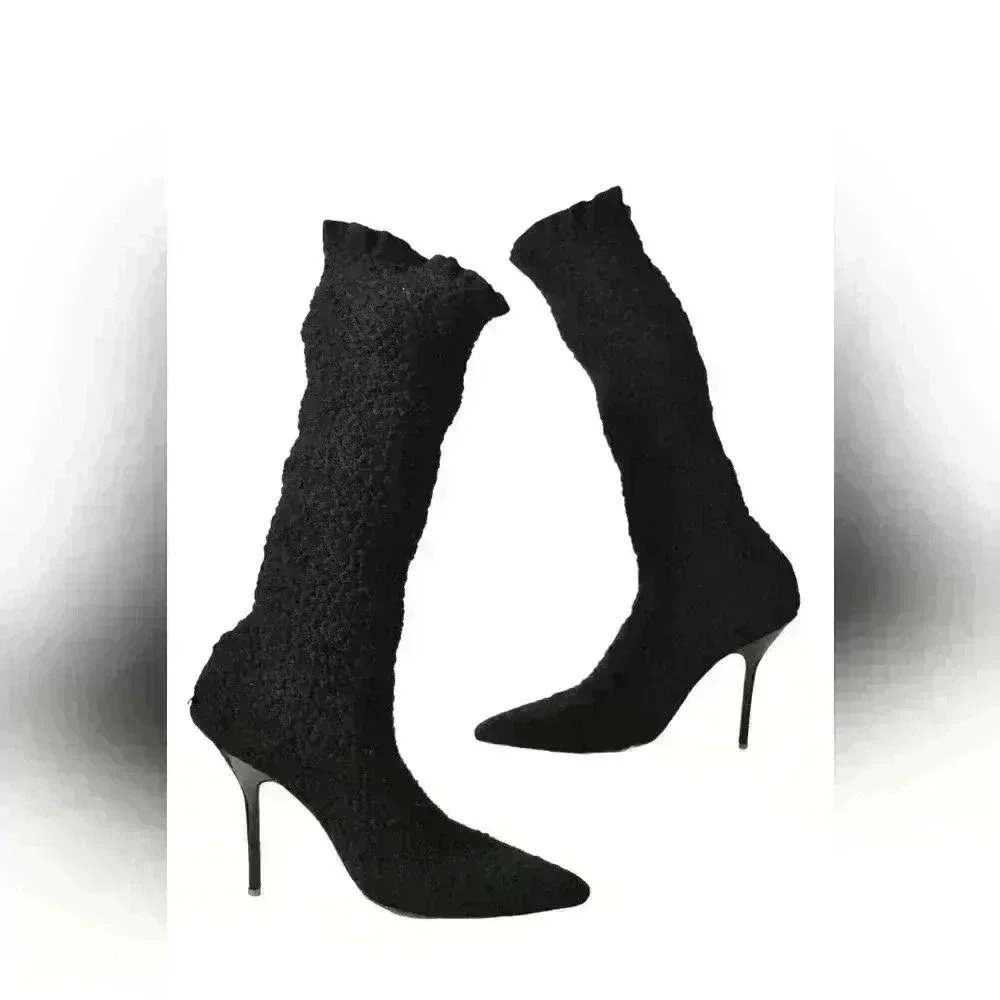 1990s HERVE  LEGER Black Wool Knit Sock Coquette Stiletto Boots 39EU (9US) Italy